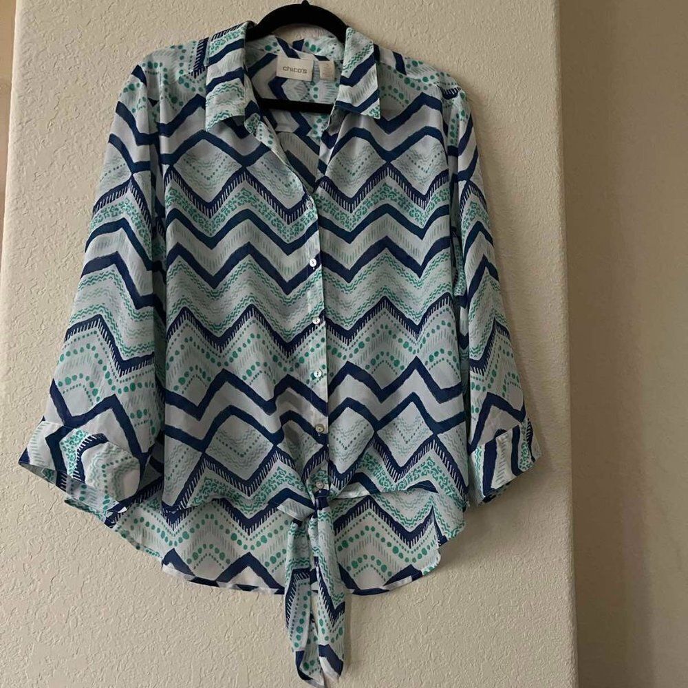 CHICO'S Women's Button-down Top Chiffon Blouse, 3/4 Sleeve size 3